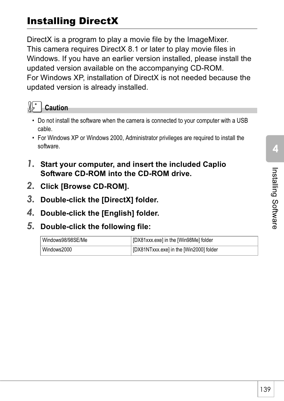 Installing directx | Ricoh Caplio GX8 User Manual | Page 142 / 180