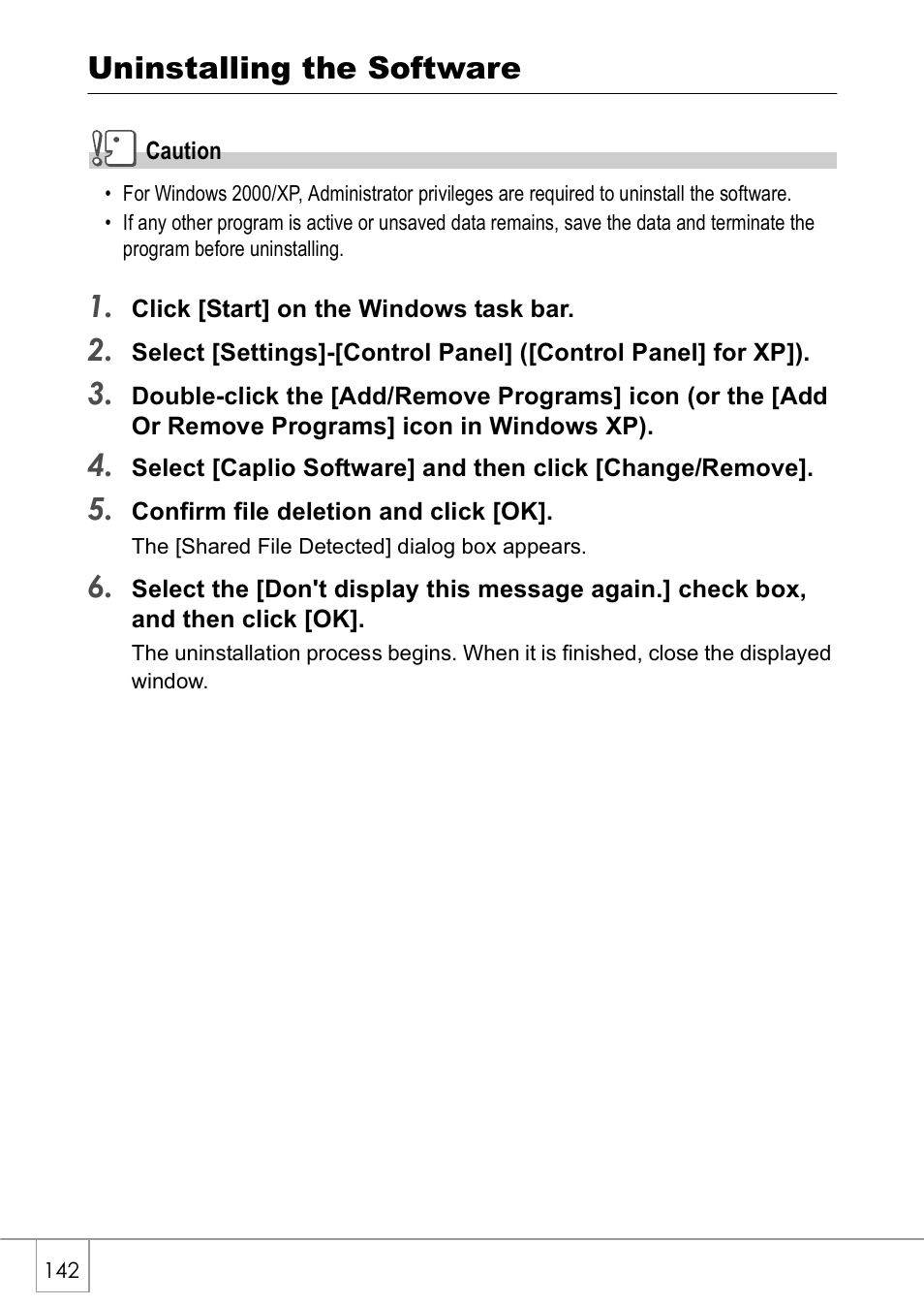 Uninstalling the software | Ricoh Caplio GX8 User Manual | Page 145 / 180