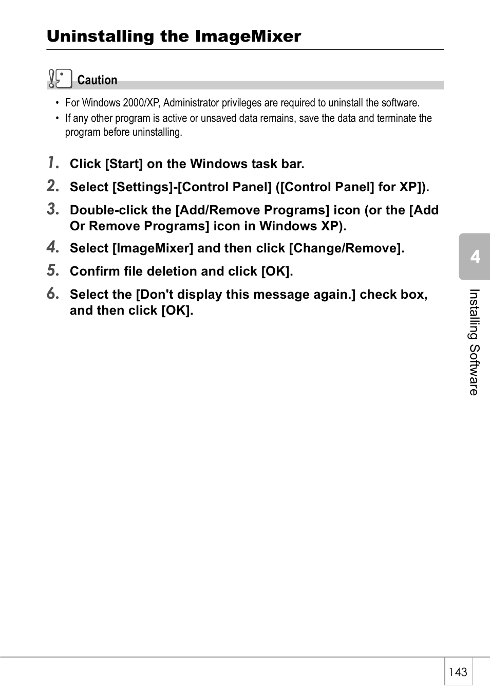 Uninstalling the imagemixer | Ricoh Caplio GX8 User Manual | Page 146 / 180