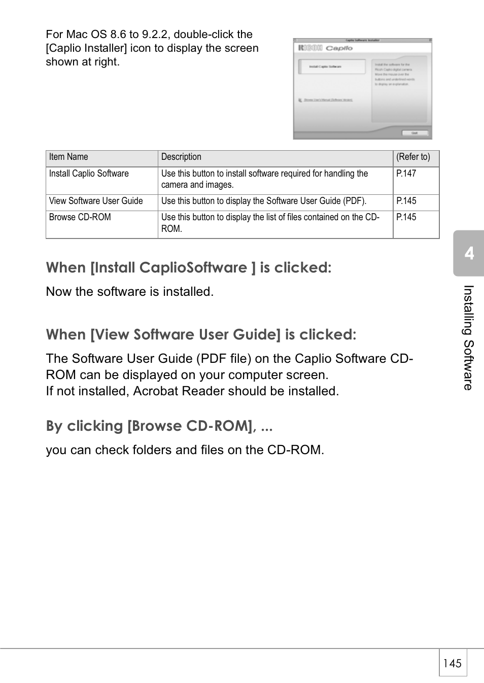 When [install capliosoftware ] is clicked, When [view software user guide] is clicked, By clicking [browse cd-rom | Ricoh Caplio GX8 User Manual | Page 148 / 180