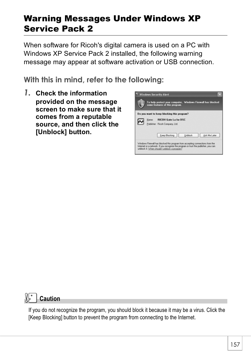 Warning messages under windows xp service pack 2 | Ricoh Caplio GX8 User Manual | Page 160 / 180