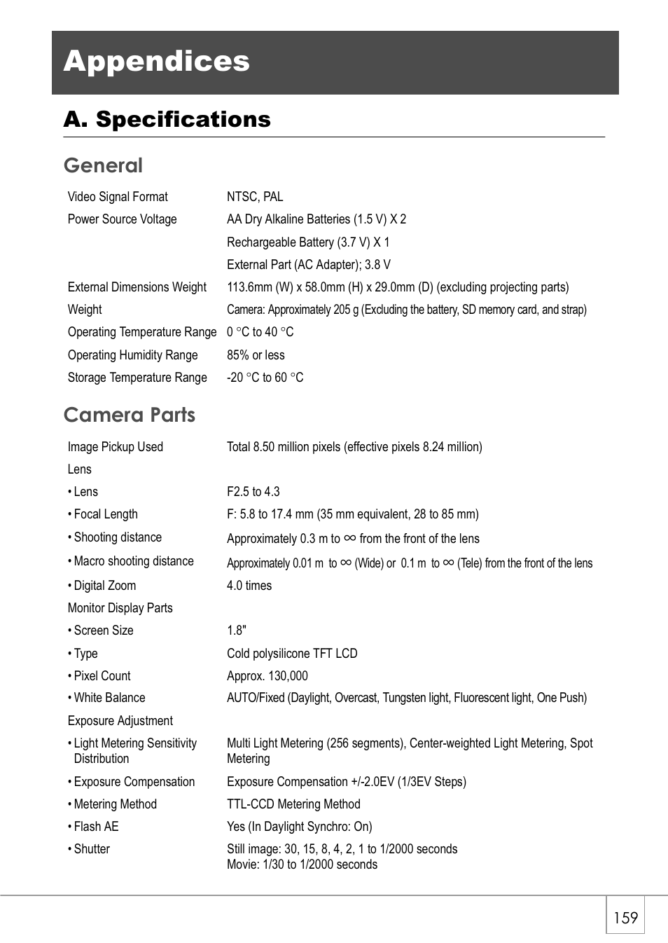 Appendices, A. specifications, General camera parts | Ricoh Caplio GX8 User Manual | Page 162 / 180