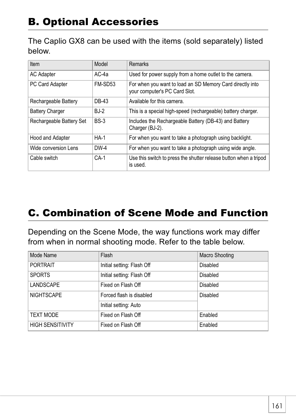 B. optional accessories, C. combination of scene mode and function | Ricoh Caplio GX8 User Manual | Page 164 / 180