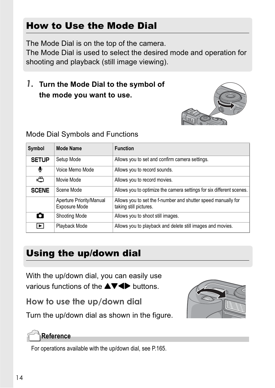 How to use the mode dial, Using the up/down dial, How to use the up/down dial | Ricoh Caplio GX8 User Manual | Page 17 / 180