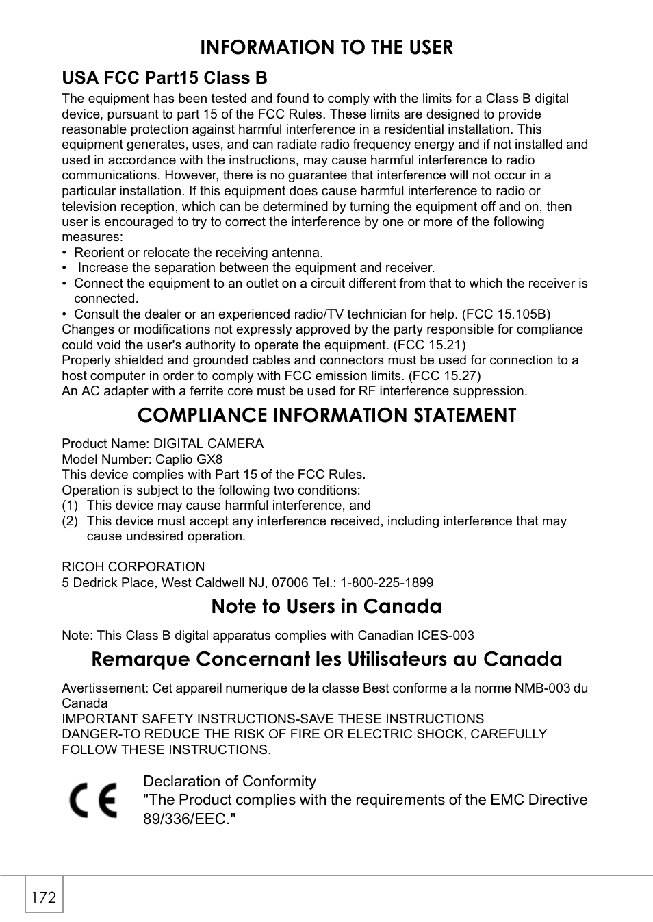 Information to the user, Compliance information statement, Remarque concernant les utilisateurs au canada | Ricoh Caplio GX8 User Manual | Page 175 / 180