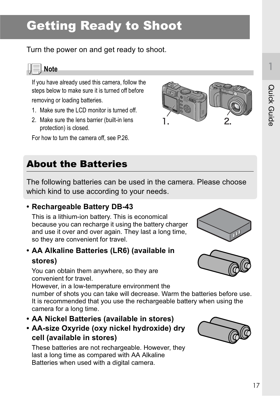 Getting ready to shoot, About the batteries | Ricoh Caplio GX8 User Manual | Page 20 / 180