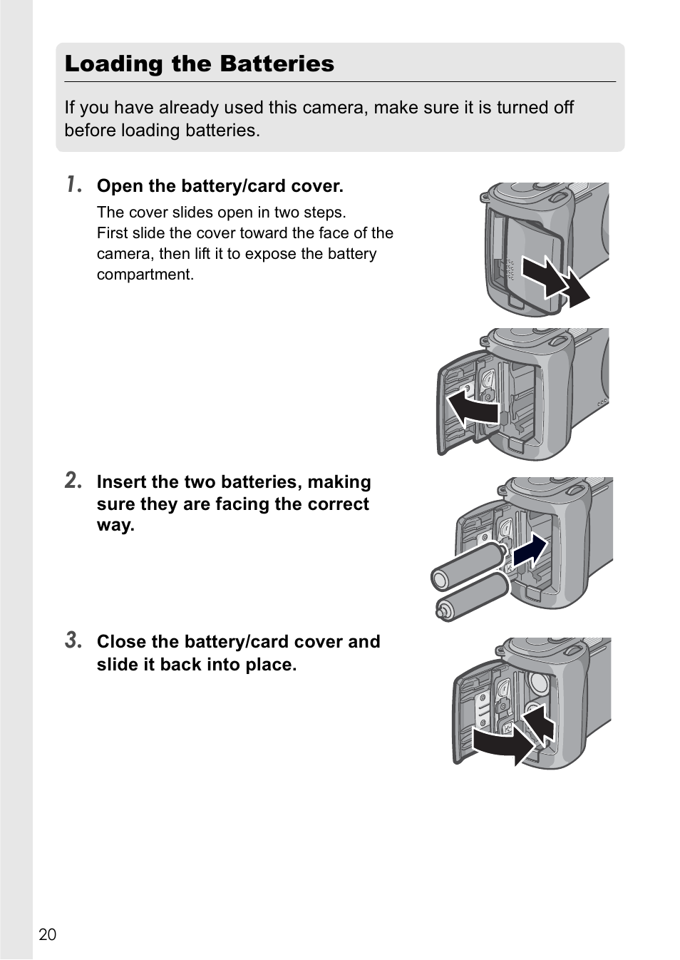 Loading the batteries | Ricoh Caplio GX8 User Manual | Page 23 / 180