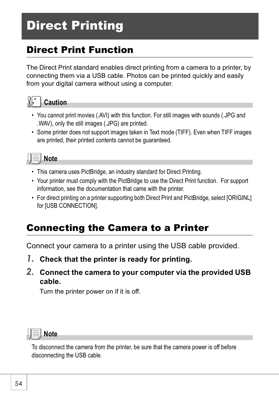 Direct printing, Direct print function, Connecting the camera to a printer | Ricoh Caplio GX8 User Manual | Page 57 / 180