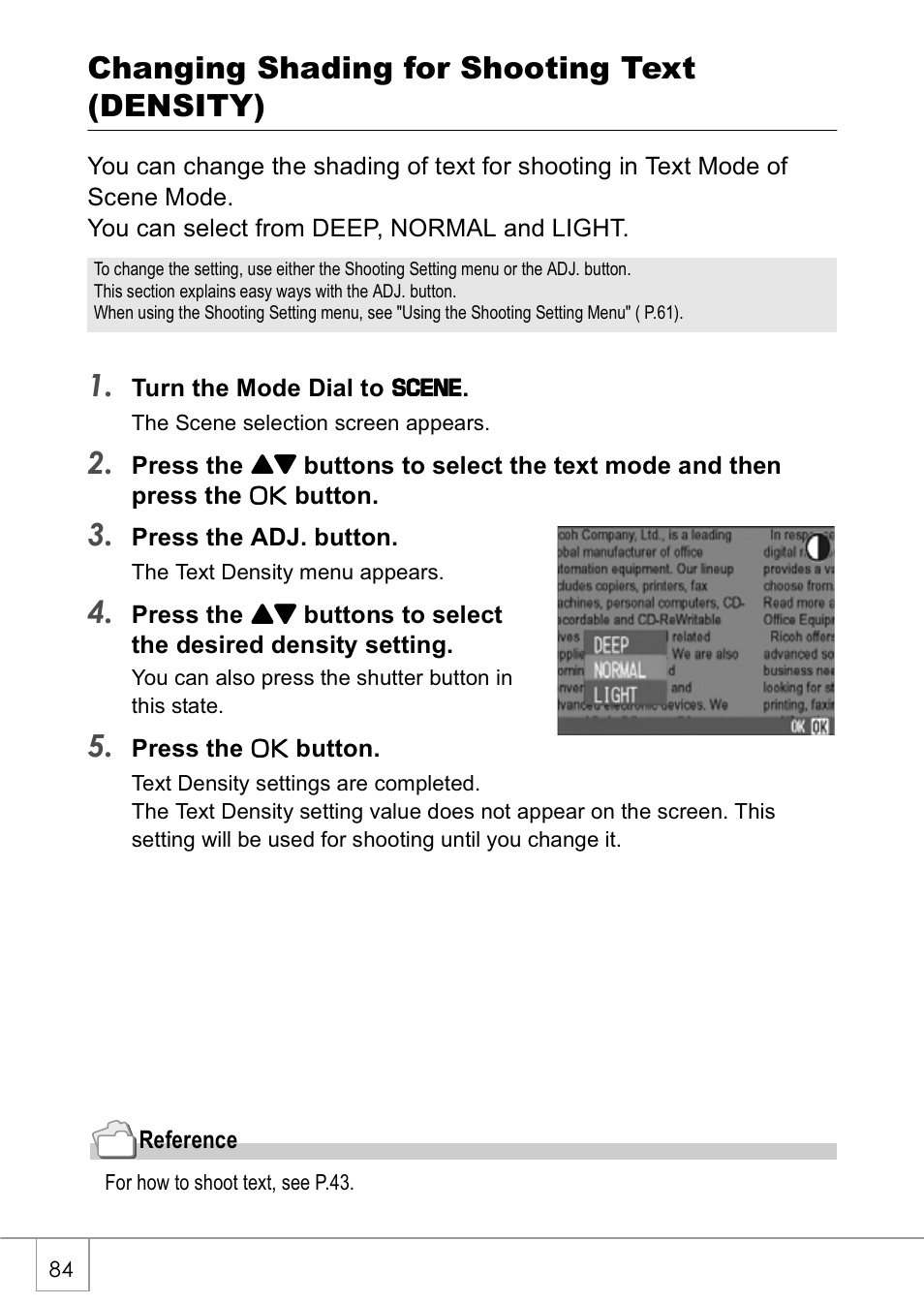 Changing shading for shooting text (density) | Ricoh Caplio GX8 User Manual | Page 87 / 180