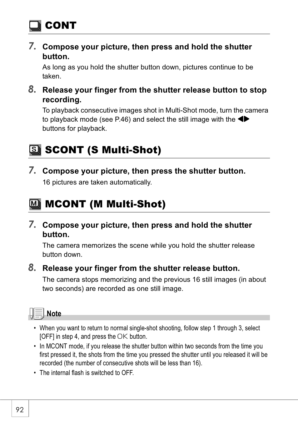 Cont 7, Scont (s multi-shot) 7, Mcont (m multi-shot) 7 | Ricoh Caplio GX8 User Manual | Page 95 / 180