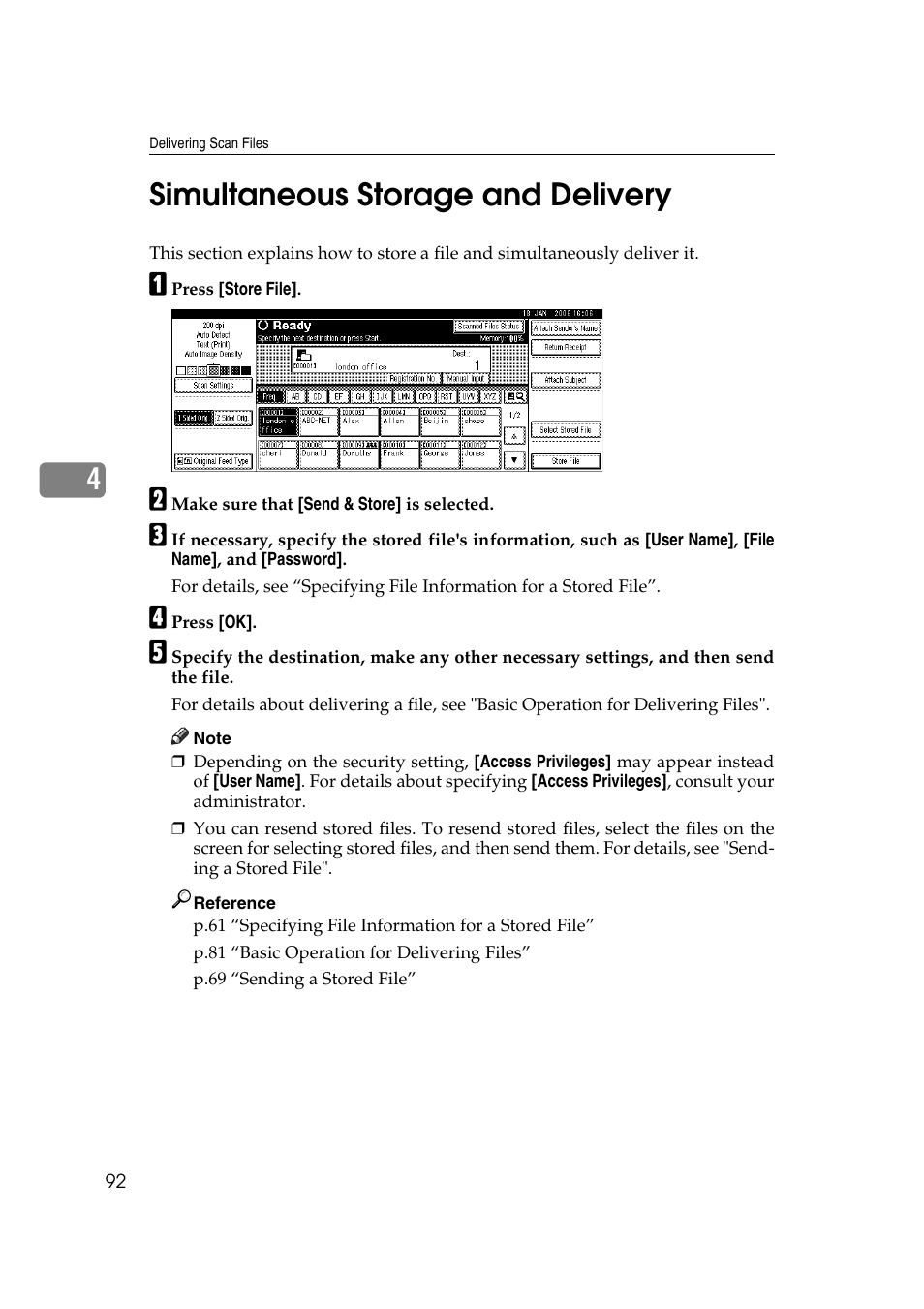Simultaneous storage and delivery, P.92 “simultaneous storage and delivery, 4simultaneous storage and delivery | Ricoh Aficio MP 1100 User Manual | Page 100 / 158