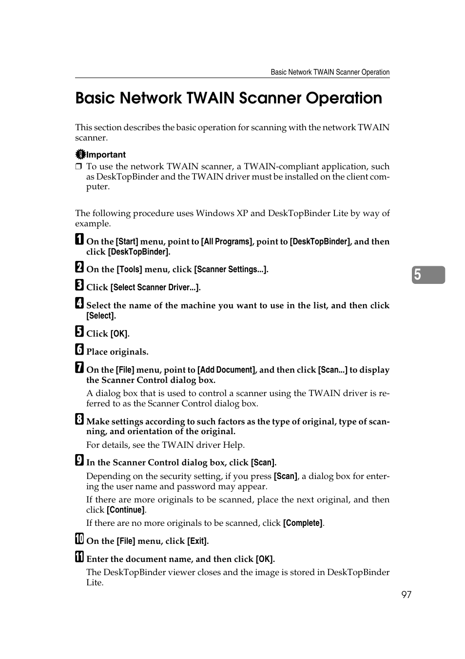 Basic network twain scanner operation, 5basic network twain scanner operation | Ricoh Aficio MP 1100 User Manual | Page 105 / 158