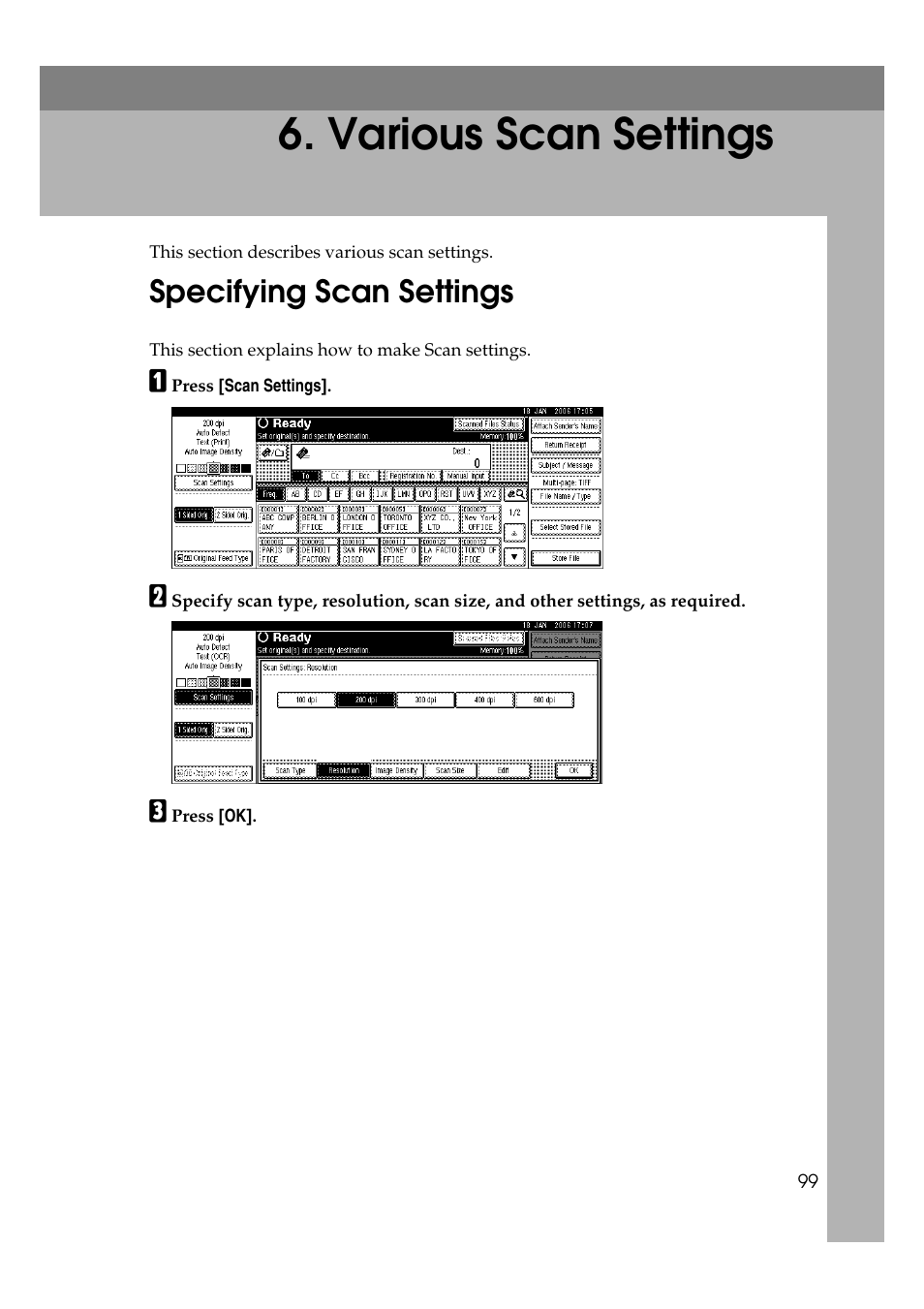Various scan settings, Specifying scan settings, P.99 “various scan settings | Ricoh Aficio MP 1100 User Manual | Page 107 / 158