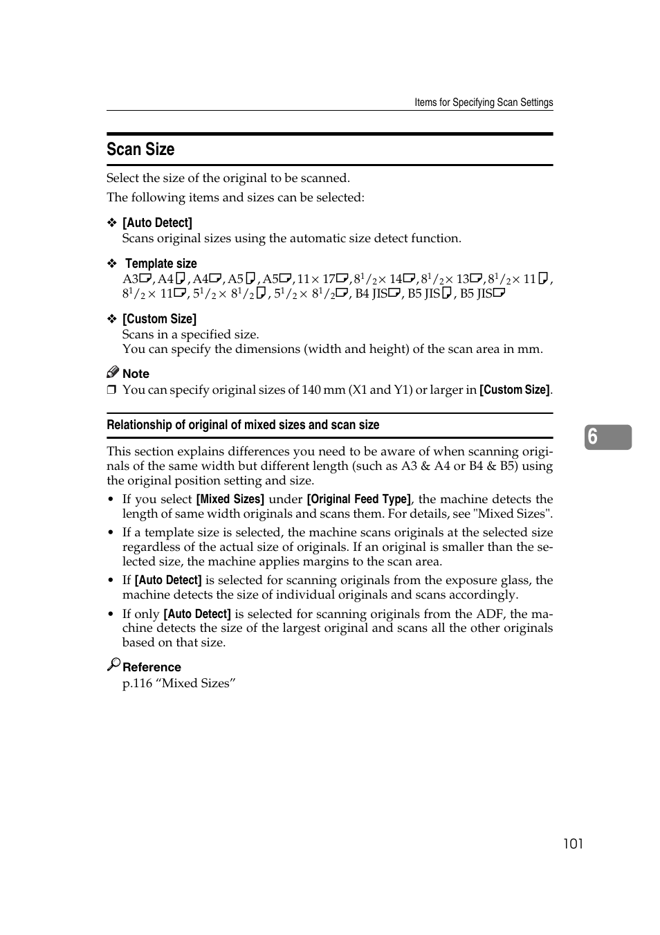 Scan size | Ricoh Aficio MP 1100 User Manual | Page 109 / 158