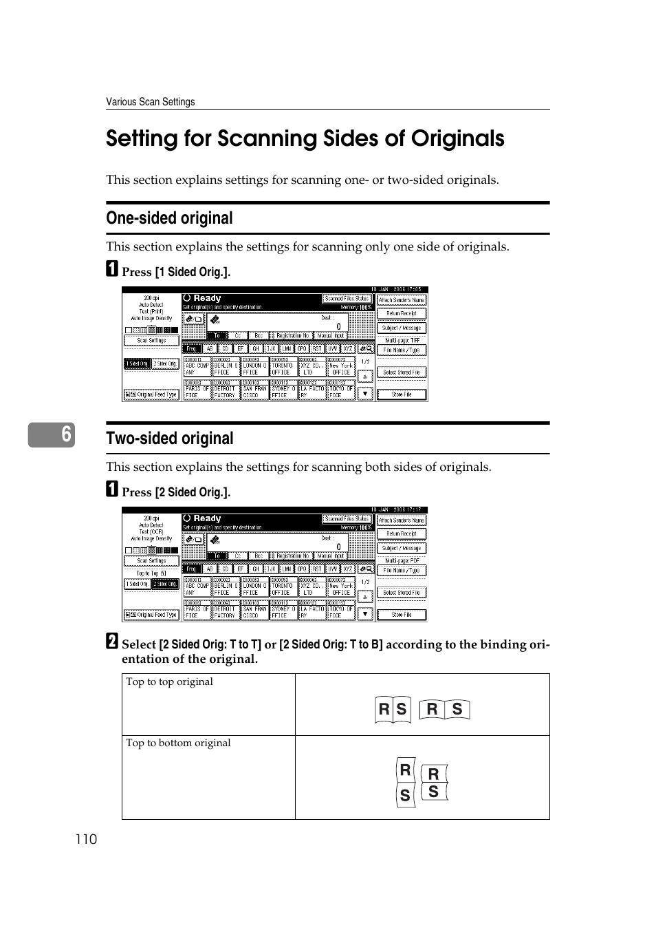 Setting for scanning sides of originals, One-sided original, Two-sided original | One-sided original two-sided original, P.110 “setting for scanning sides of originals, 6setting for scanning sides of originals | Ricoh Aficio MP 1100 User Manual | Page 118 / 158