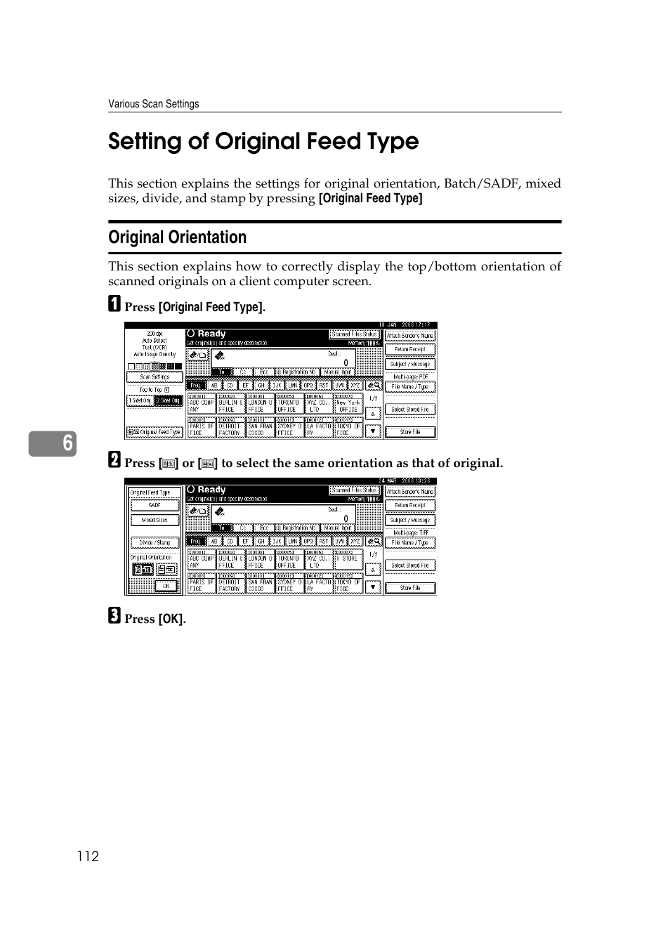 Setting of original feed type, Original orientation, P.112 “setting of original feed type | 6setting of original feed type | Ricoh Aficio MP 1100 User Manual | Page 120 / 158