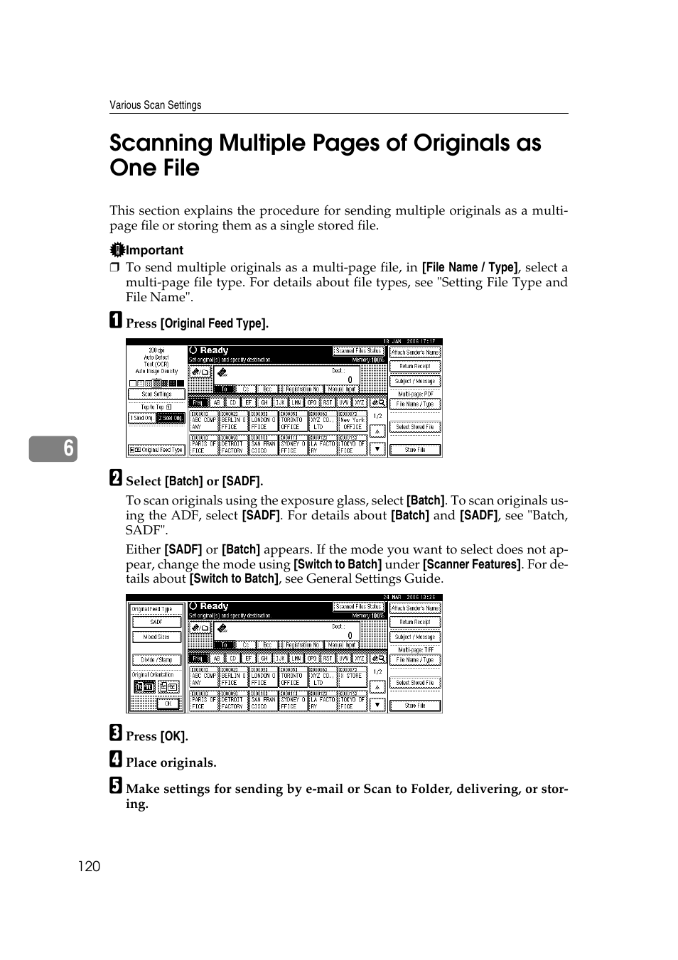 6scanning multiple pages of originals as one file | Ricoh Aficio MP 1100 User Manual | Page 128 / 158
