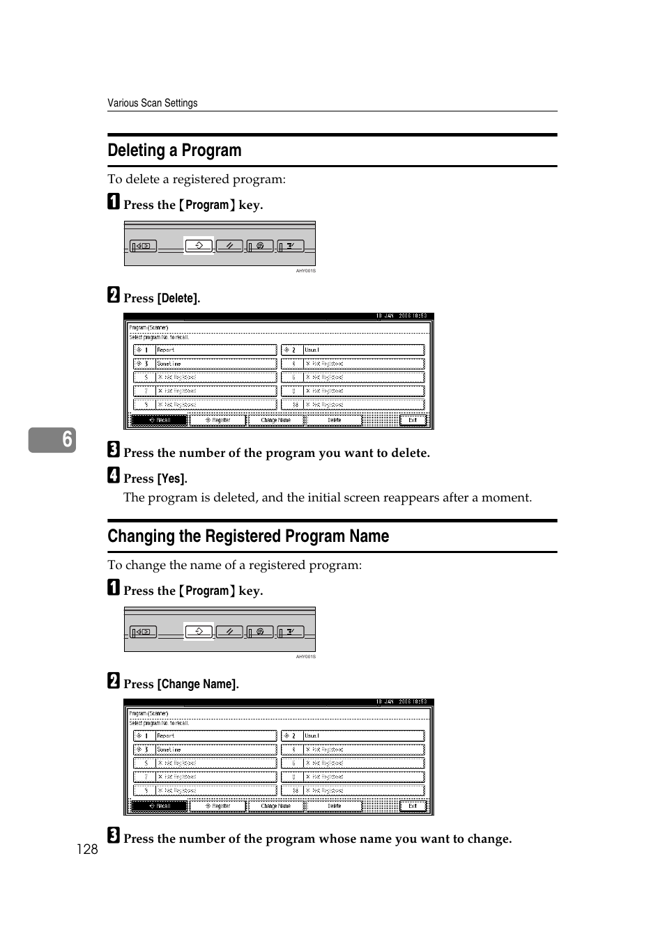 Deleting a program, Changing the registered program name | Ricoh Aficio MP 1100 User Manual | Page 136 / 158