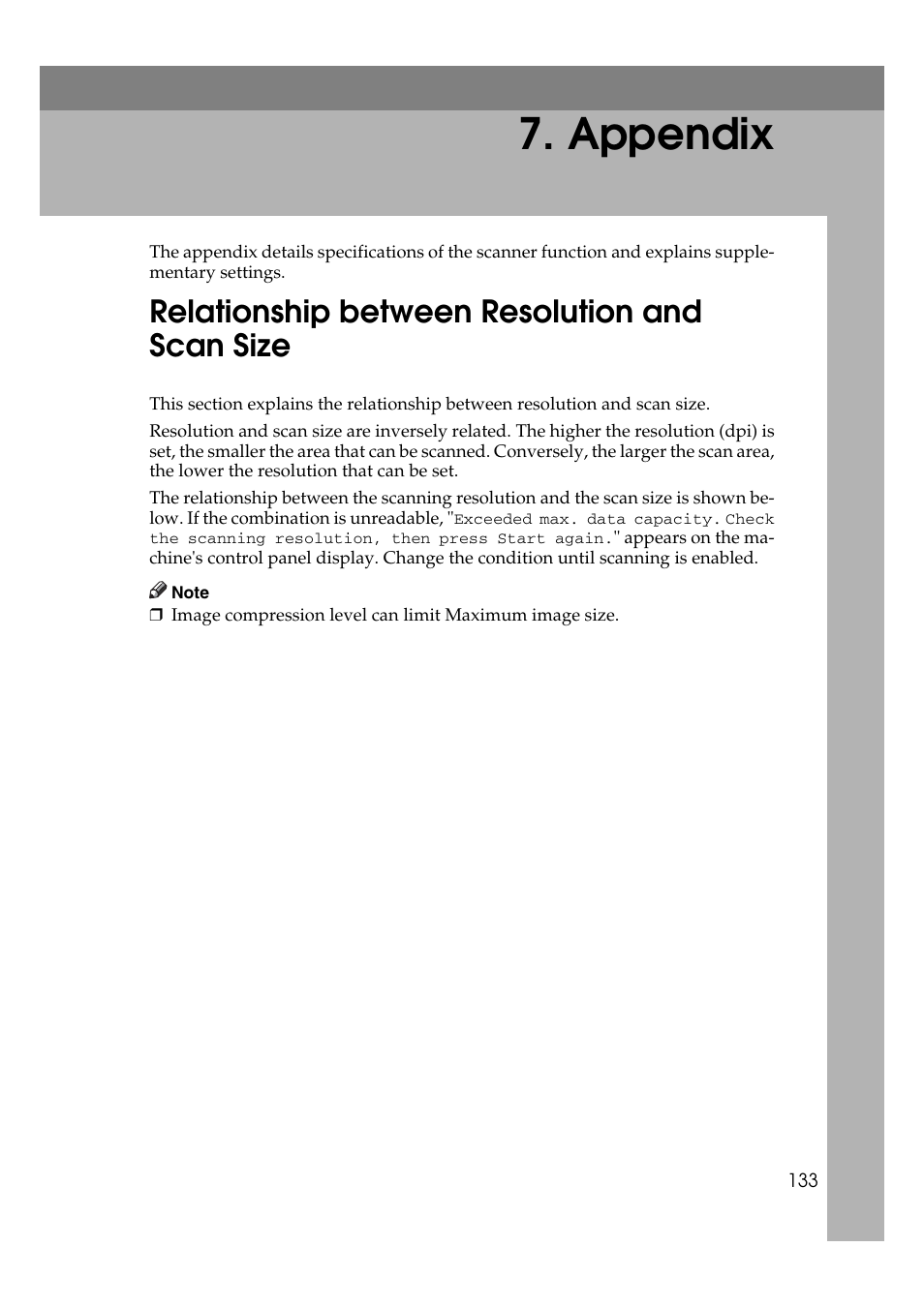 Appendix, Relationship between resolution and scan size | Ricoh Aficio MP 1100 User Manual | Page 141 / 158