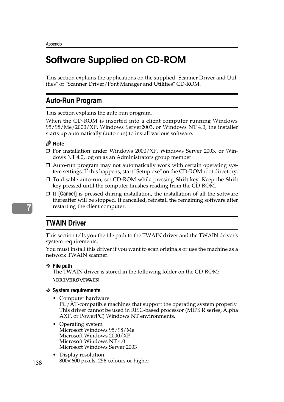 Software supplied on cd-rom, Auto-run program, Twain driver | Auto-run program twain driver, 7software supplied on cd-rom | Ricoh Aficio MP 1100 User Manual | Page 146 / 158