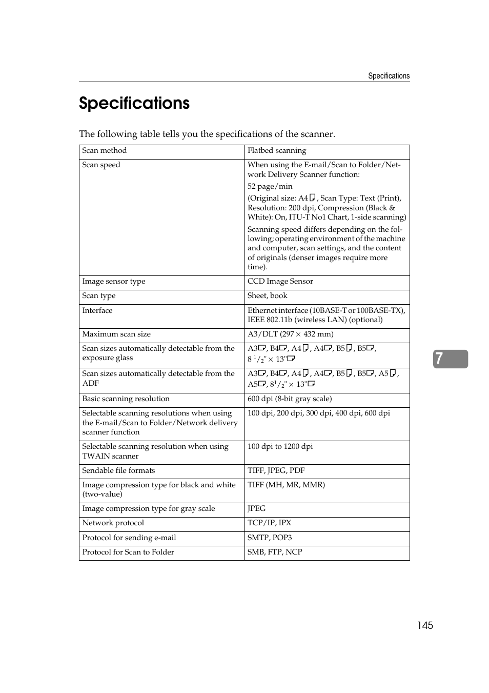 Specifications, 7specifications | Ricoh Aficio MP 1100 User Manual | Page 153 / 158