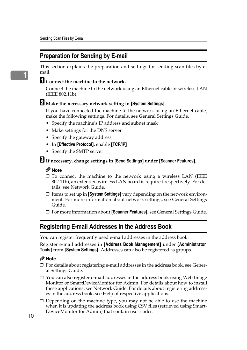 Preparation for sending by e-mail, Registering e-mail addresses in the address book | Ricoh Aficio MP 1100 User Manual | Page 18 / 158