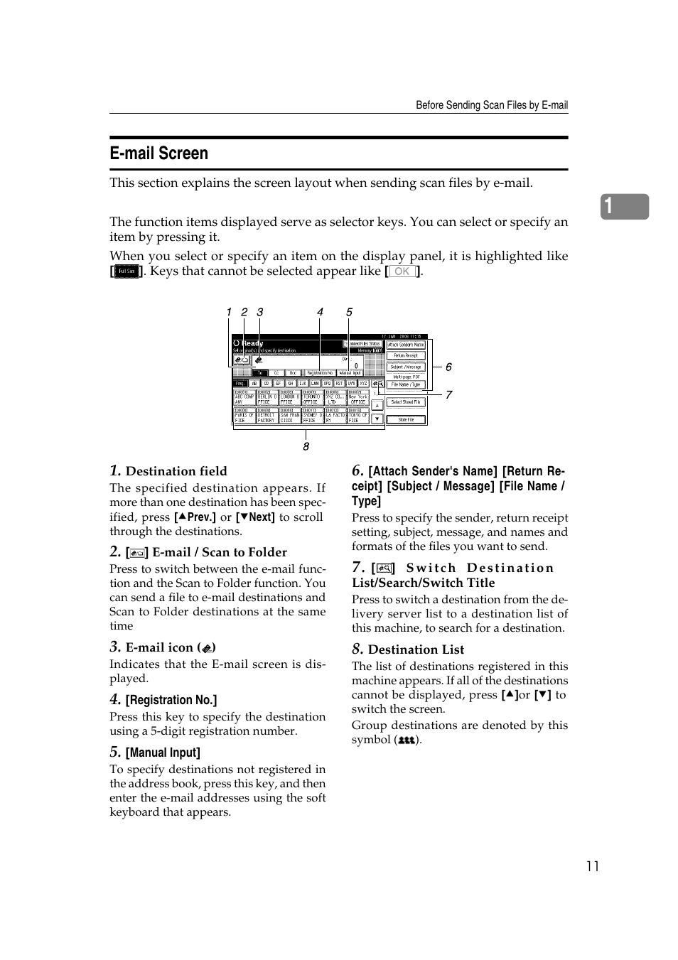 E-mail screen, P.11 “e-mail screen | Ricoh Aficio MP 1100 User Manual | Page 19 / 158