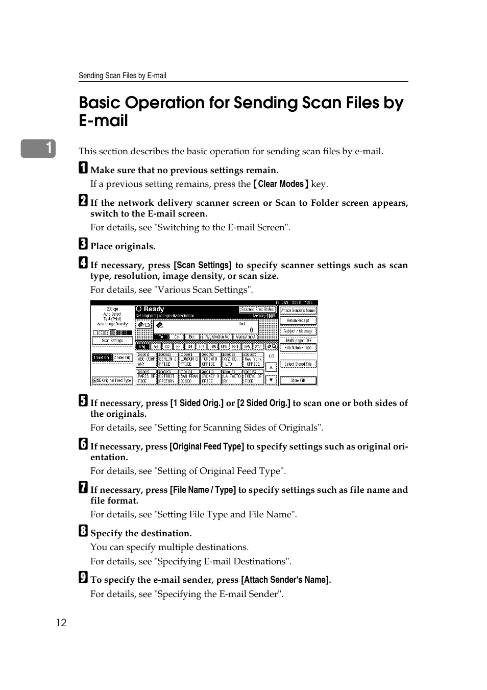 Basic operation for sending scan files by e-mail, 1basic operation for sending scan files by e-mail | Ricoh Aficio MP 1100 User Manual | Page 20 / 158