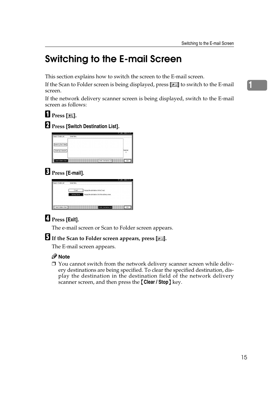 Switching to the e-mail screen, P.15 “switching to the e-mail screen, 1switching to the e-mail screen | Ricoh Aficio MP 1100 User Manual | Page 23 / 158