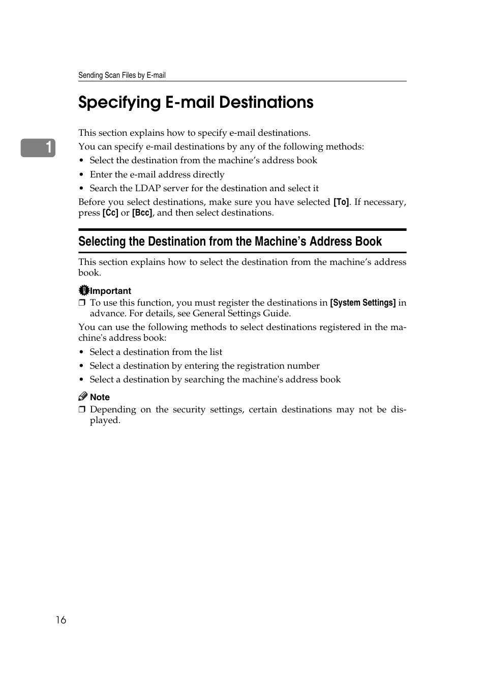 Specifying e-mail destinations, P.16 “specifying e-mail destinations, 1specifying e-mail destinations | Ricoh Aficio MP 1100 User Manual | Page 24 / 158