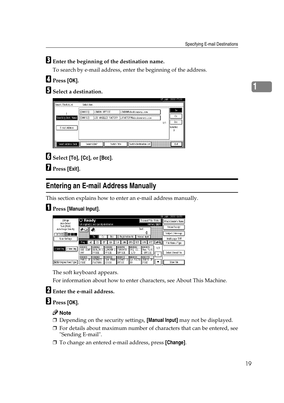 Entering an e-mail address manually | Ricoh Aficio MP 1100 User Manual | Page 27 / 158