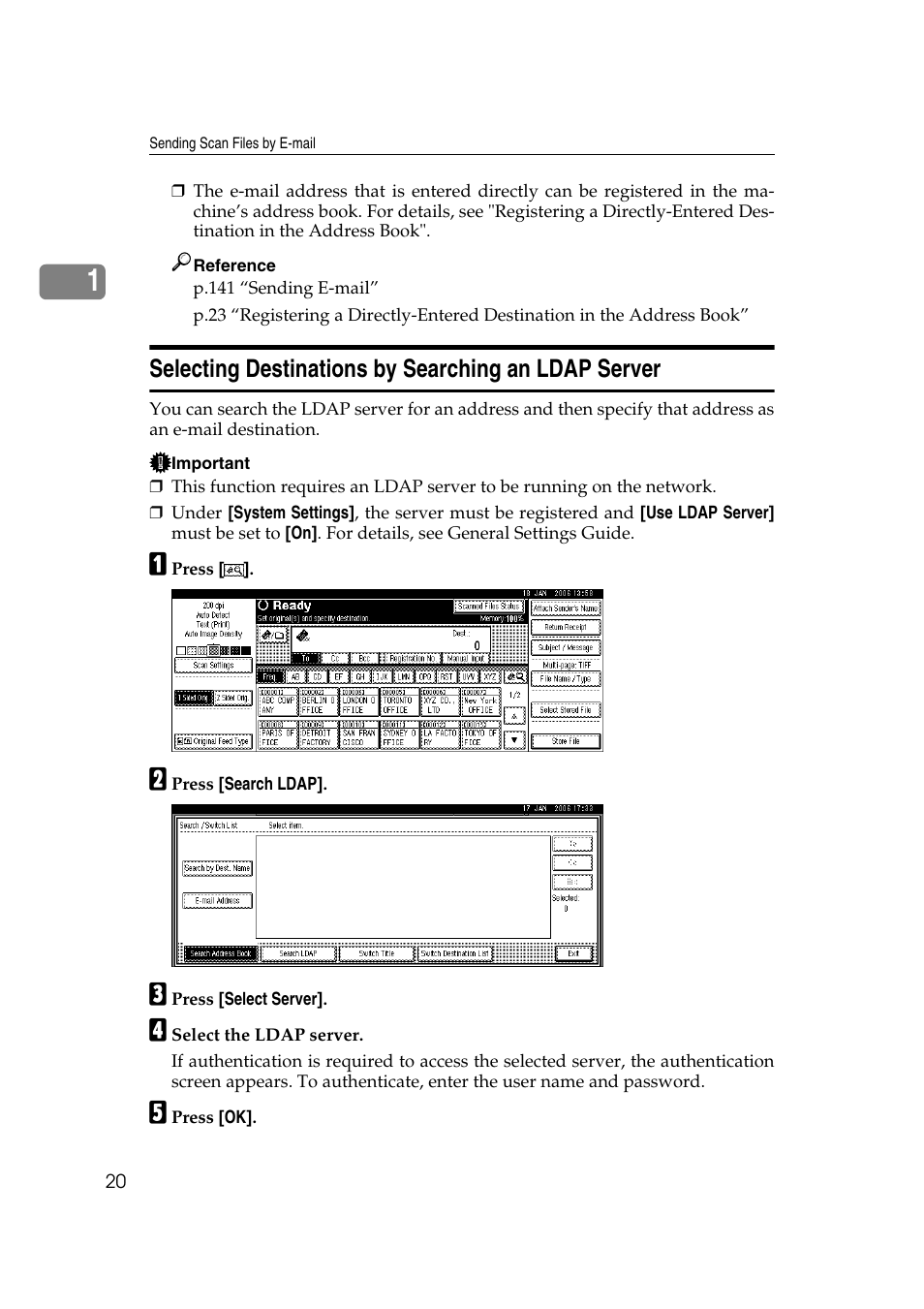 Selecting destinations by searching an ldap server | Ricoh Aficio MP 1100 User Manual | Page 28 / 158
