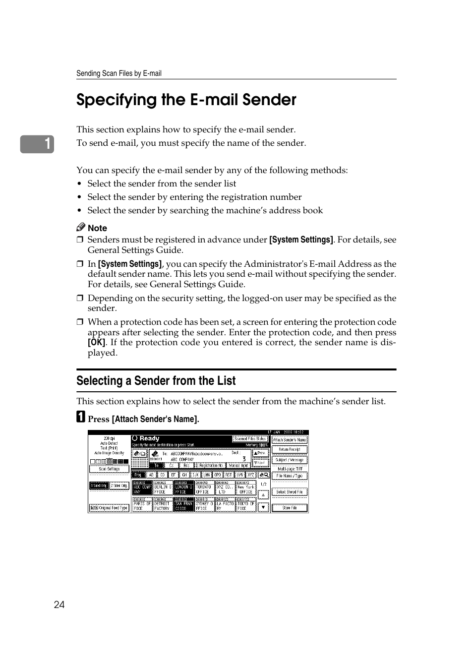 Specifying the e-mail sender, Selecting a sender from the list, P.24 “specifying the e-mail sender | 1specifying the e-mail sender | Ricoh Aficio MP 1100 User Manual | Page 32 / 158