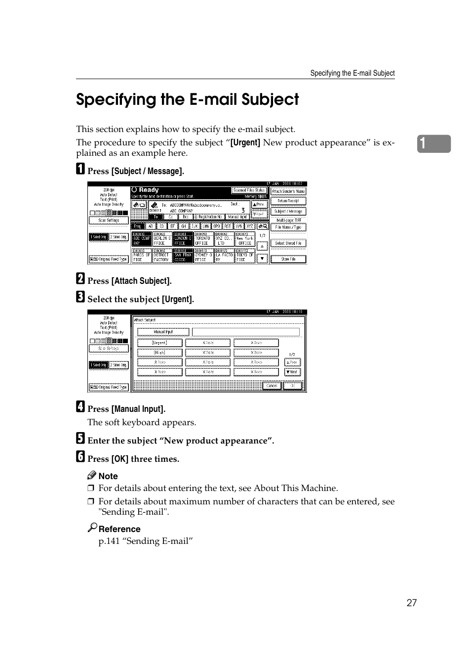 Specifying the e-mail subject, P.27 “specifying the e-mail subject, 1specifying the e-mail subject | Ricoh Aficio MP 1100 User Manual | Page 35 / 158