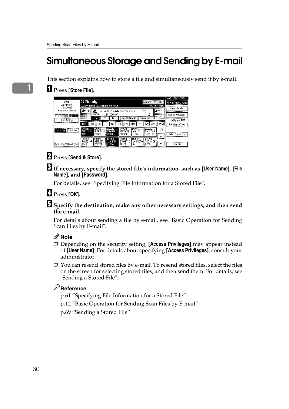 Simultaneous storage and sending by e-mail, P.30 “simultaneous storage and sending by e-mail, 1simultaneous storage and sending by e-mail | Ricoh Aficio MP 1100 User Manual | Page 38 / 158