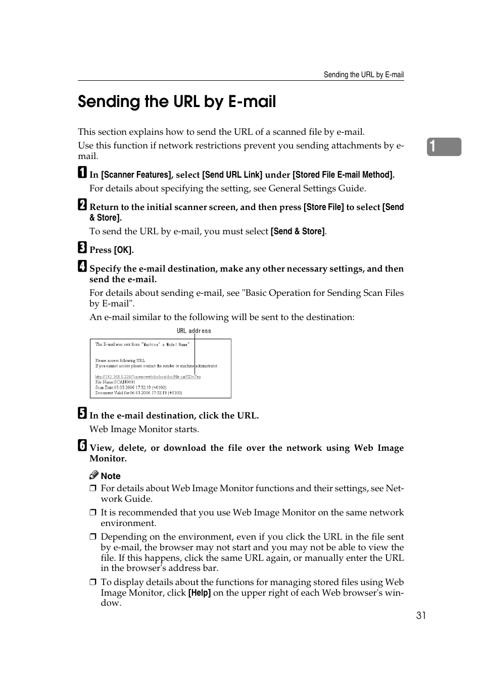 Sending the url by e-mail, 1sending the url by e-mail | Ricoh Aficio MP 1100 User Manual | Page 39 / 158