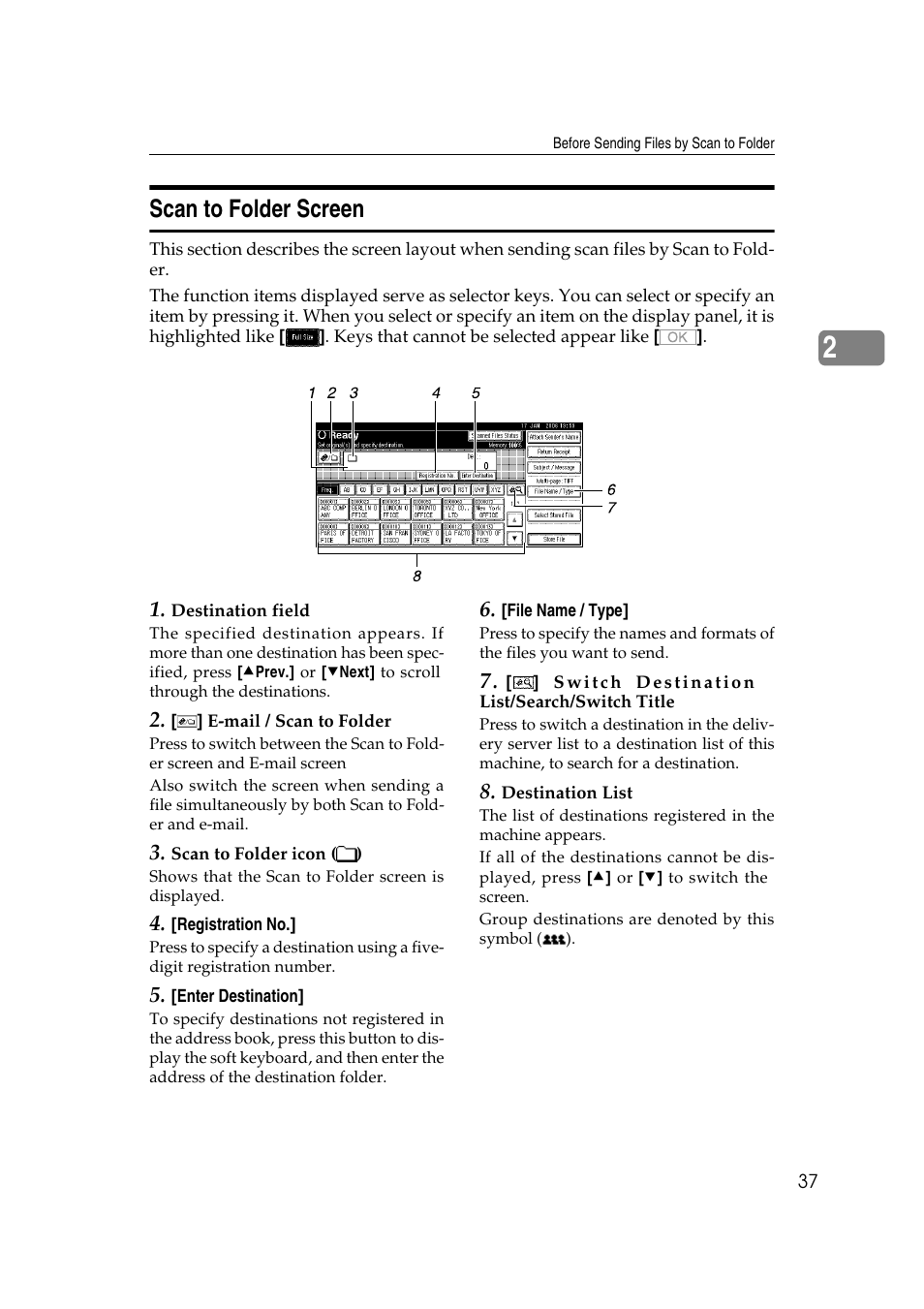 Scan to folder screen, P.37 “scan to folder screen | Ricoh Aficio MP 1100 User Manual | Page 45 / 158