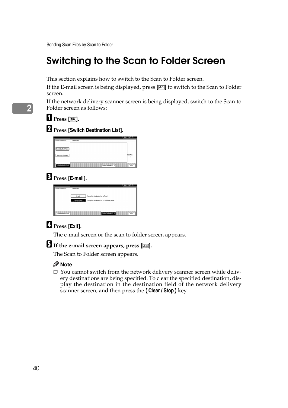 Switching to the scan to folder screen, P.40 “switching to the scan to folder screen, 2switching to the scan to folder screen | Ricoh Aficio MP 1100 User Manual | Page 48 / 158