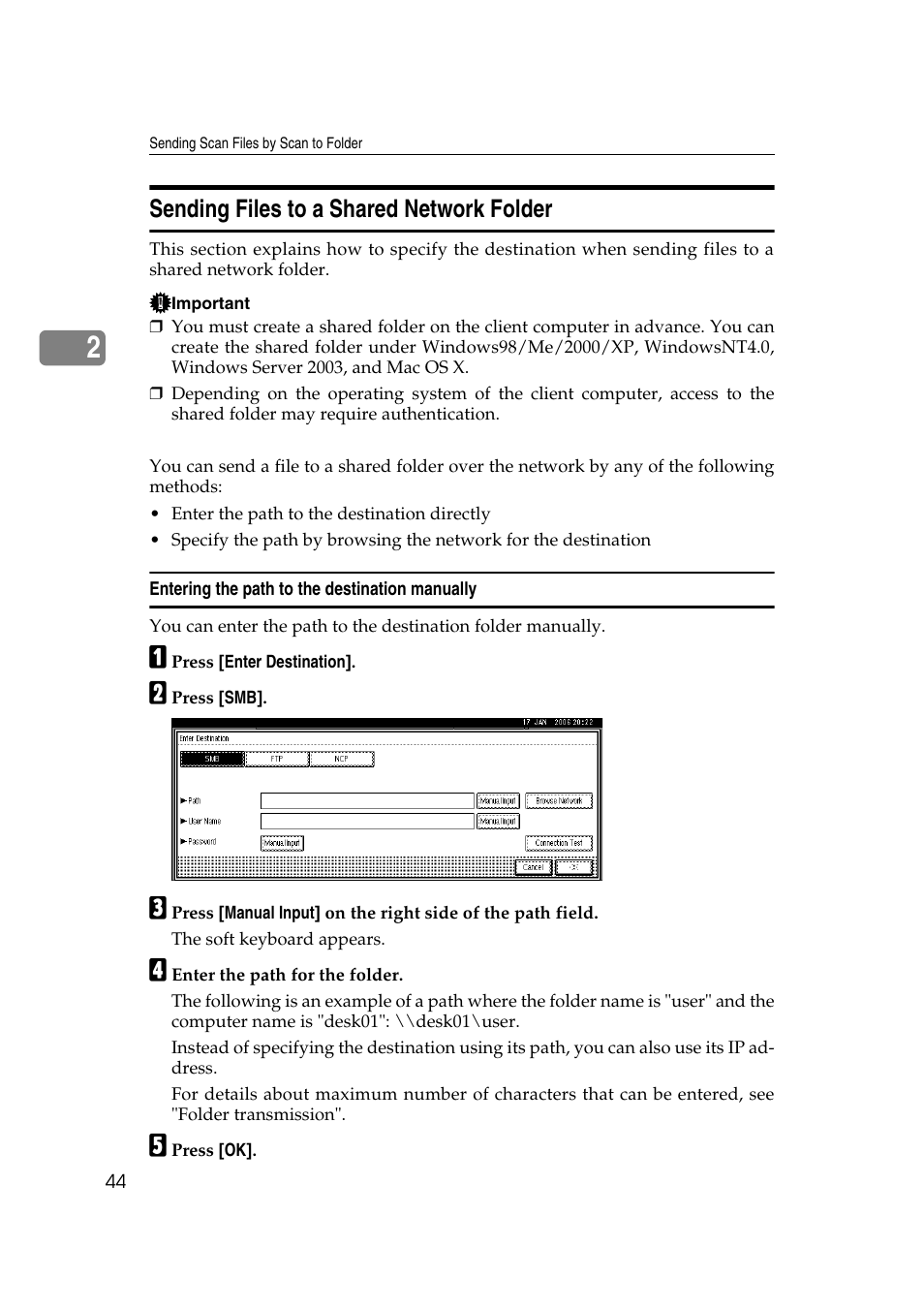 Sending files to a shared network folder, Entering the path to the destination manually | Ricoh Aficio MP 1100 User Manual | Page 52 / 158