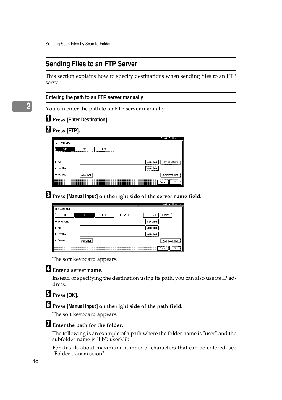 Sending files to an ftp server, Entering the path to an ftp server manually | Ricoh Aficio MP 1100 User Manual | Page 56 / 158