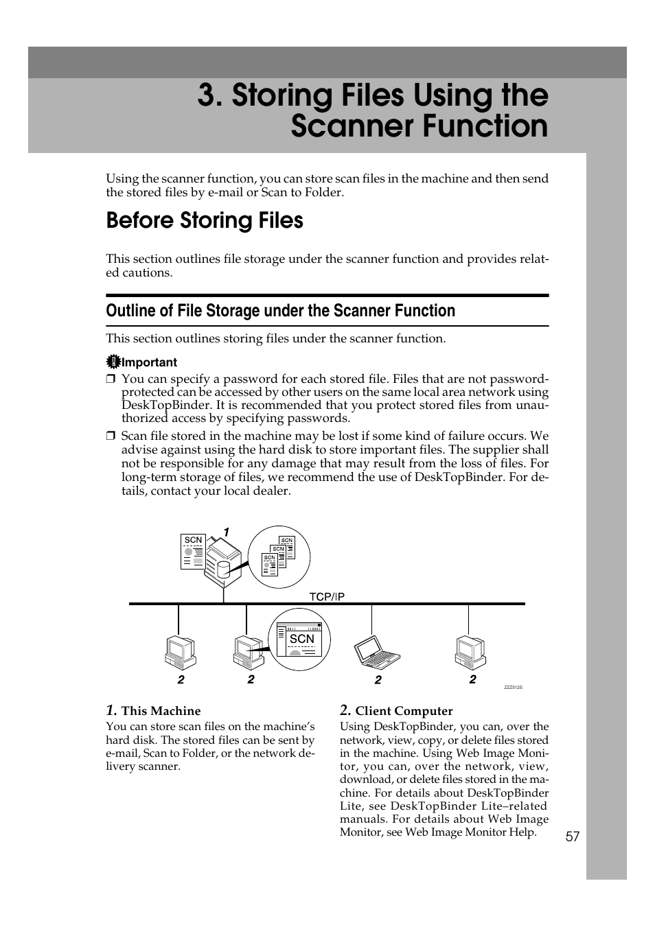 Storing files using the scanner function, Before storing files, Outline of file storage under the scanner function | P.57 “storing files using the scanner function | Ricoh Aficio MP 1100 User Manual | Page 65 / 158