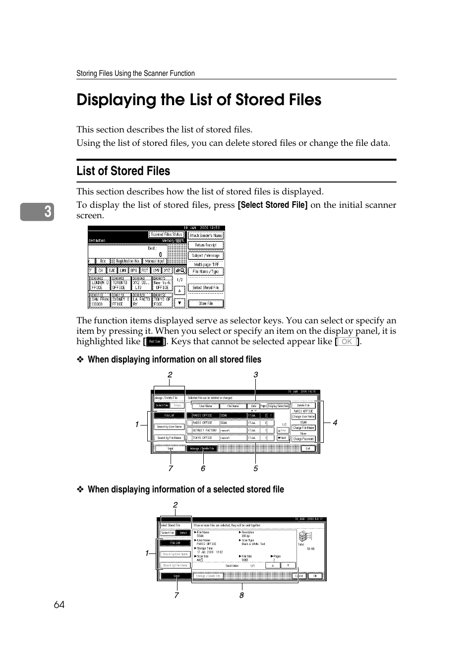 Displaying the list of stored files, List of stored files, P.64 “list of stored files | 3displaying the list of stored files | Ricoh Aficio MP 1100 User Manual | Page 72 / 158
