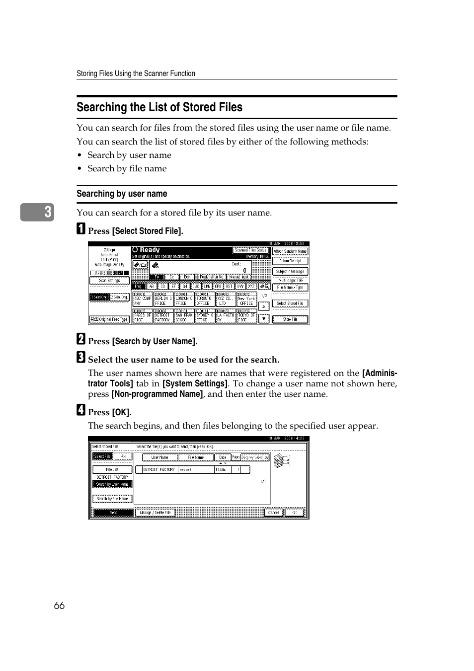 Searching the list of stored files, Searching by user name | Ricoh Aficio MP 1100 User Manual | Page 74 / 158