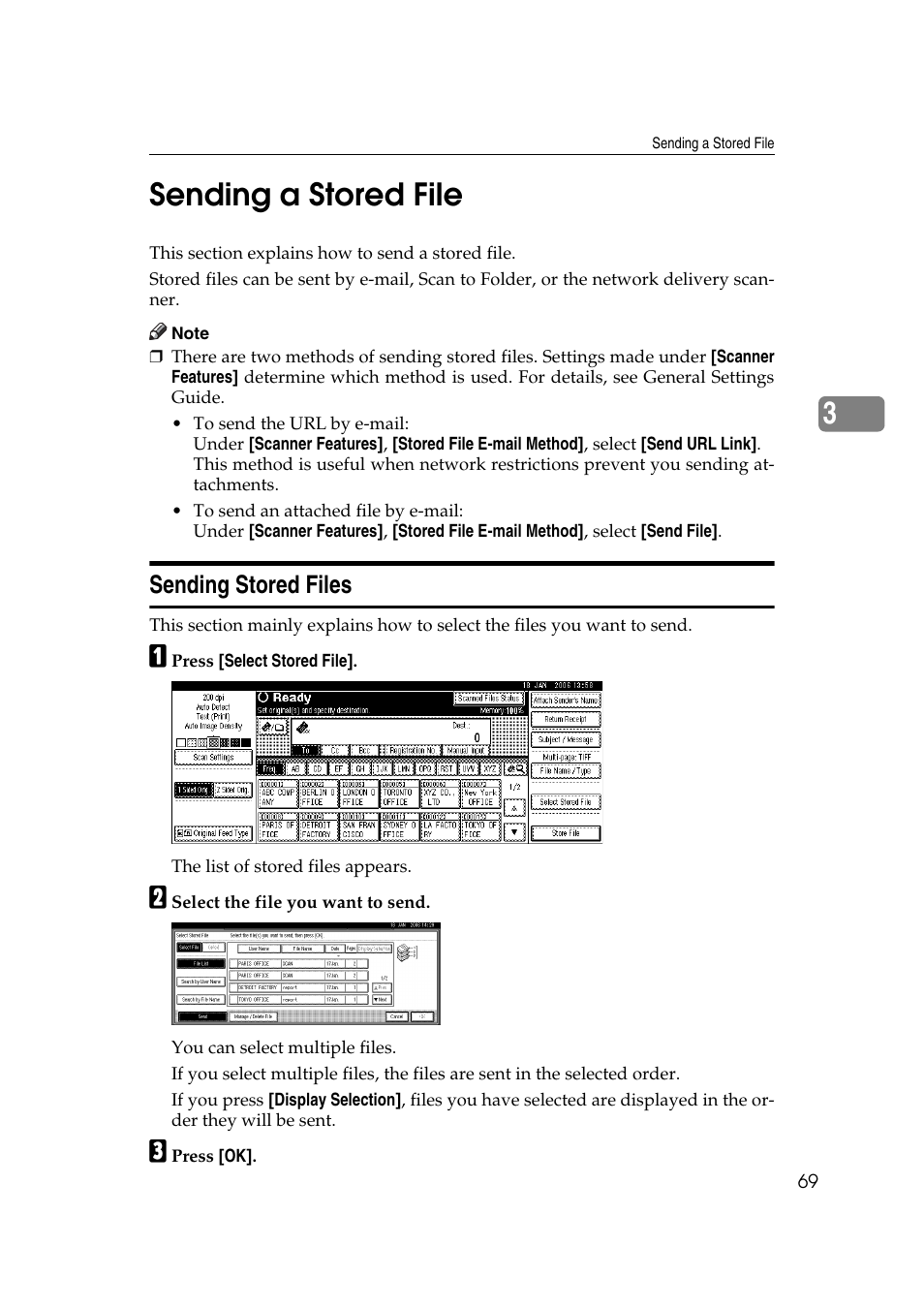 Sending a stored file, Sending stored files, 3sending a stored file | Ricoh Aficio MP 1100 User Manual | Page 77 / 158
