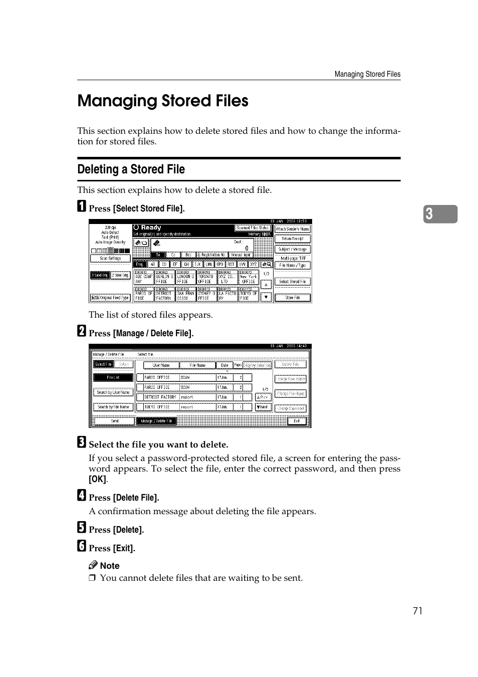 Managing stored files, Deleting a stored file, 3managing stored files | Ricoh Aficio MP 1100 User Manual | Page 79 / 158