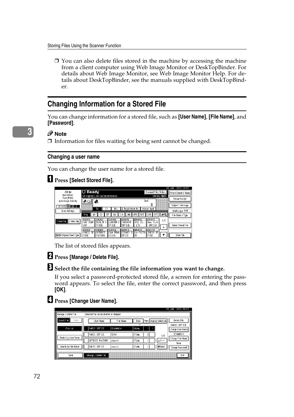 Changing information for a stored file, Changing a user name | Ricoh Aficio MP 1100 User Manual | Page 80 / 158