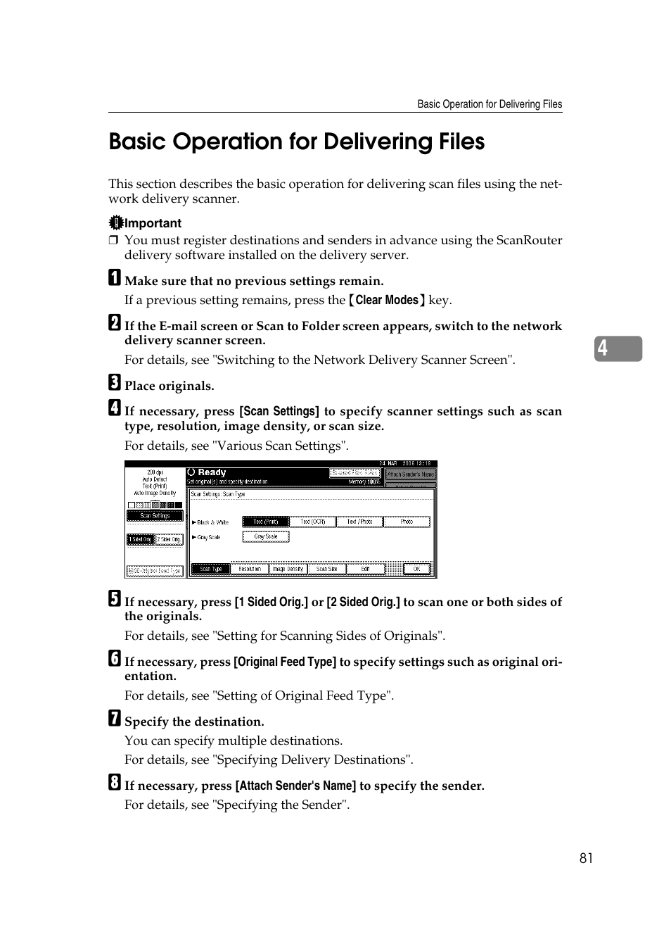 Basic operation for delivering files, P.81 “basic operation for delivering files, 4basic operation for delivering files | Ricoh Aficio MP 1100 User Manual | Page 89 / 158