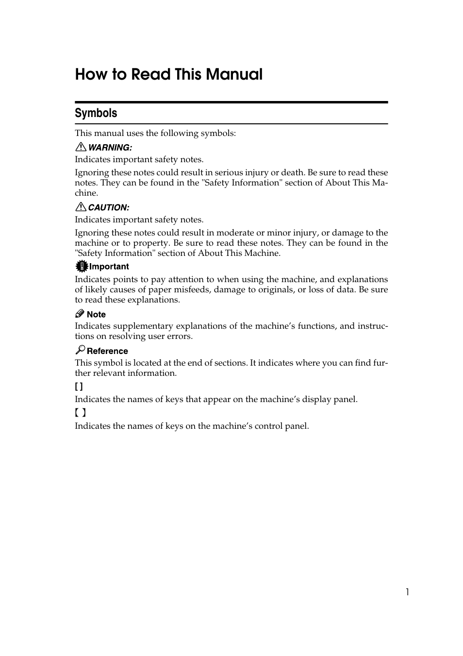 How to read this manual, Symbols | Ricoh Aficio MP 1100 User Manual | Page 9 / 158