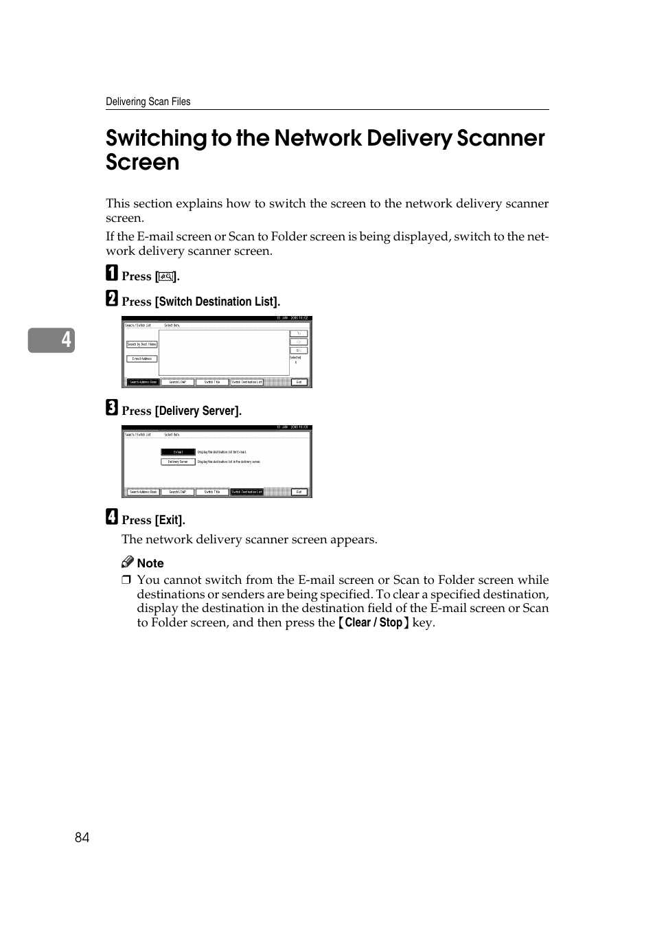 Switching to the network delivery scanner screen, 4switching to the network delivery scanner screen | Ricoh Aficio MP 1100 User Manual | Page 92 / 158