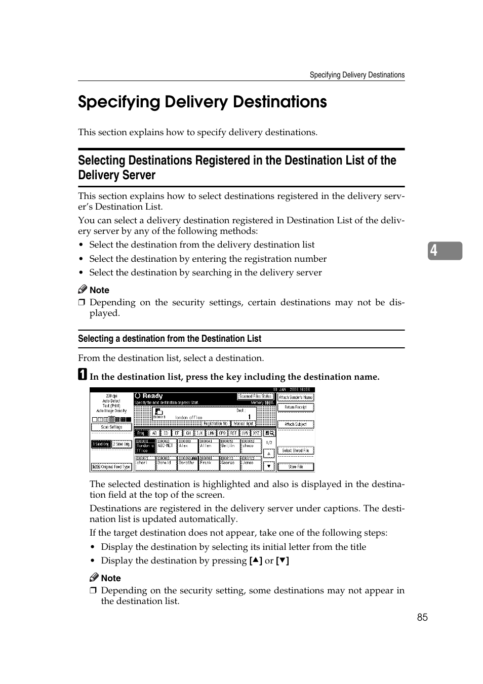 Specifying delivery destinations, Selecting a destination from the destination list, P.85 “specifying delivery destinations | 4specifying delivery destinations | Ricoh Aficio MP 1100 User Manual | Page 93 / 158